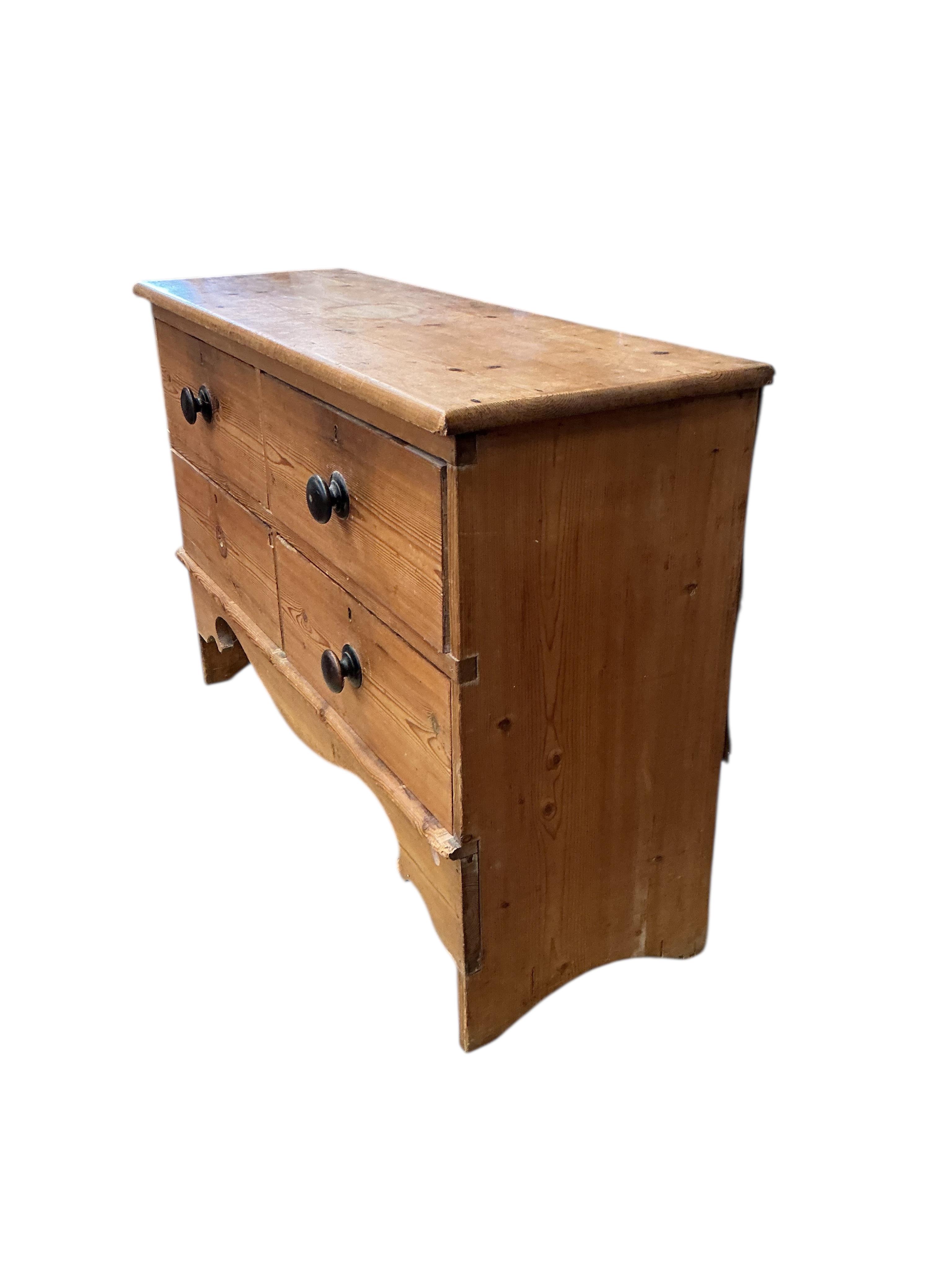 A 19th century pine four drawer chest, width 118cm, depth 40cm, height 79cm